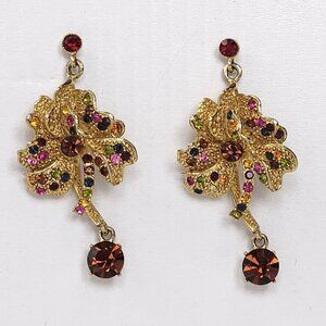 VTG Gold-Tone Floral Dangle Drop Earrings Multicolor Rhinestones Fall Fashion